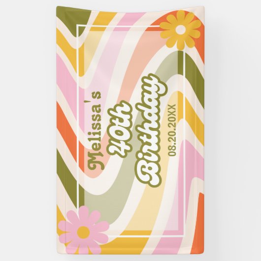 Retro Wave Groovy Flower Green 40e verjaardag Spandoek (Verticaal)