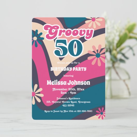 Retro Wave Madeliefjes Groovy 50e Bubblegum Verjaa Kaart (Staand voorkant)