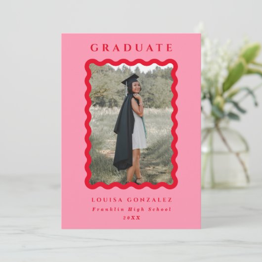 Retro Waves Pink & Red Photo Afstuderen Aankondiging (Staand voorkant)