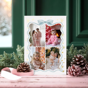 Retro Wavy Blauw Lint & Sterren Foto's Collage Folie Feestdagenkaart