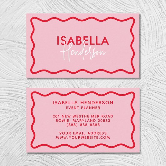Retro Wavy Border Roze en Red Script Girly Visitekaartje