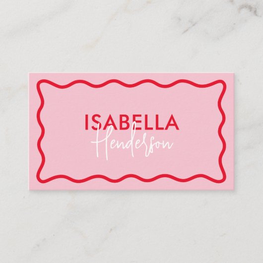Retro Wavy Border Roze en Red Script Girly Visitekaartje (Voorkant)