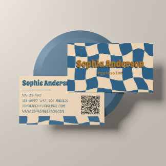 Retro Wavy Checkerboard Funky Blue Beige  Visitekaartje