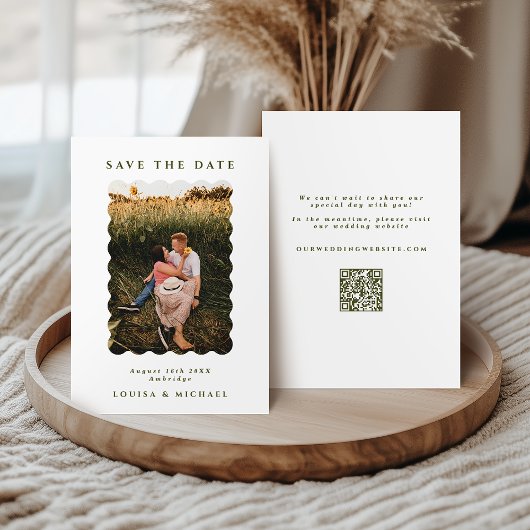 Retro Wavy Foto & QR Code Green & White Weddenscha Save The Date