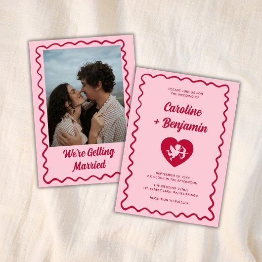 Retro Wavy Frame Red Pink Cupid Heart Wedding Kaart