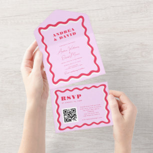 Retro Wavy Lijst Roze en Rode QR code 70s Wedding All In One Uitnodiging