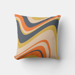 Retro Wavy Lines - Oranje, marineachtig, geel, bei Kussen