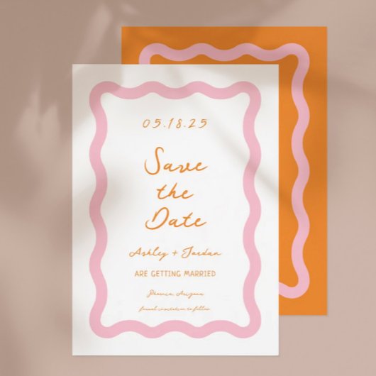 Retro Wavy Pink Oranje Wave Wedding Save The Date
