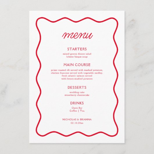 Retro Wavy Rode en Witte Valentijn bruiloft Menu (Voorkant)
