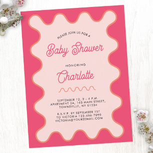 Retro Wavy Roze Curve Baby Shower Uitnodiging