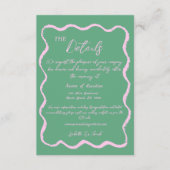 Retro Wavy Roze Groen Handgeschreven Bruiloft Deta Informatiekaartje (Voorkant)