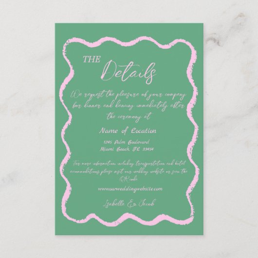 Retro Wavy Roze Groen Handgeschreven Bruiloft Deta Informatiekaartje (Voorkant)