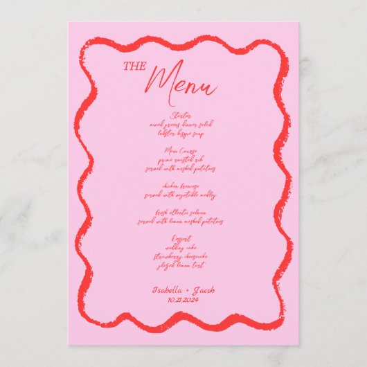 Retro Wavy Squiggle Roze Rood Handgeschreven Bruil Menu (Voorkant)