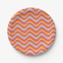 Retro Wavy Stripes in Sinaasappel, roze en groen Papieren Bordje