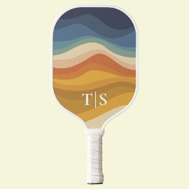Retro Wavy Sunset Monogram Initials Pickleball Paddle