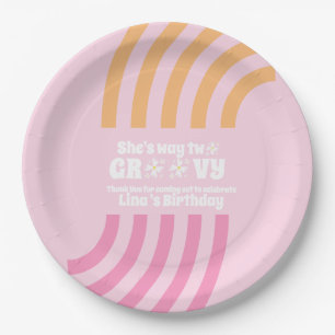 Retro Way Twee Groovy Madeliefje Verjaardag Roze Papieren Bordje