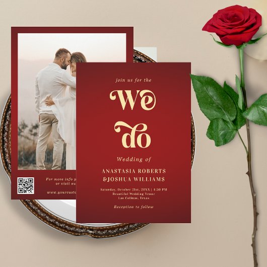 Retro We Do Crimson Red Gold QR Code Bruiloft Kaart