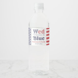 Retro Wed Wit Blauw Achtertuin Bruiloft Douche Waterfles Etiket