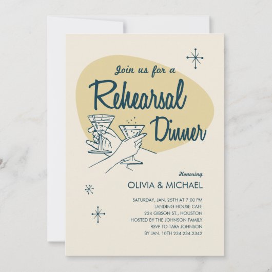 Retro Wedding Rehearsal Dinner Invitations Kaart (Voorkant)