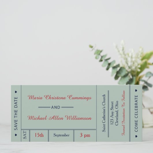 Retro Wedding Ticket sparen de Datum aankondiging (Staand voorkant)