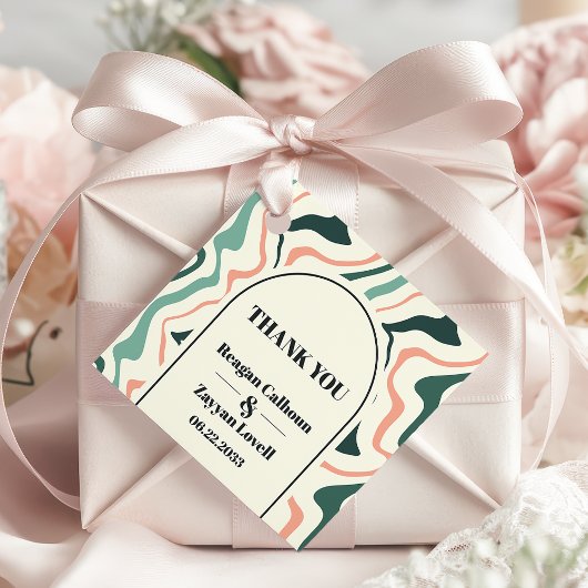 Retro wervelboog munt en roze bruiloft dank u bedankjes labels