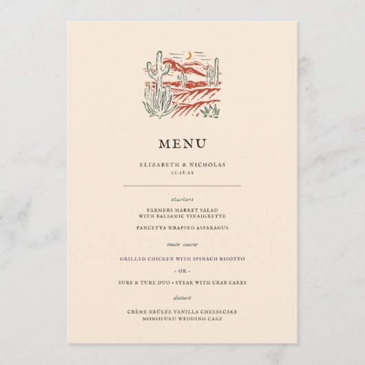 Retro Western Cactus Desert Menu Mariage (Devant)