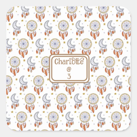 Retro Whimsical Boho Pattern Name Birthday Vierkante Sticker (Voorkant)