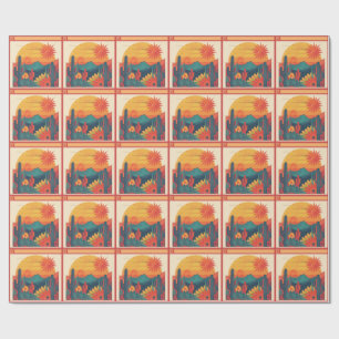 Retro Whimsical Boho stijl zonsondergang landschap Cadeaupapier