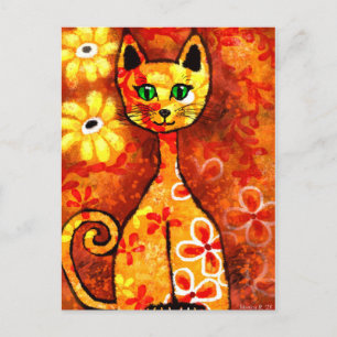 Retro Whimsical Cat Kat Bloemen Geel Rood Sinaasap Briefkaart