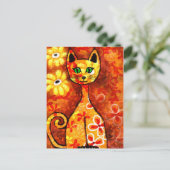 Retro Whimsical Cat Kat Bloemen Geel Rood Sinaasap Briefkaart (Staand voorkant)
