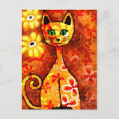 Retro Whimsical Cat Kat Bloemen Geel Rood Sinaasap Briefkaart (Voorkant)