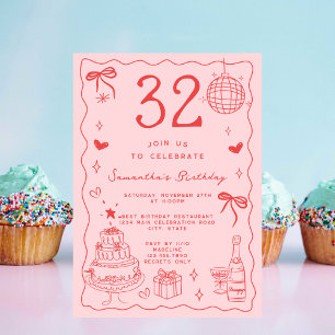 Retro Whimsical Eigenzinnige Rode Roze 32e Verjaar Kaart