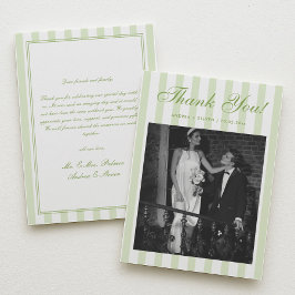 Retro White and Green Striped Wedding Photo  Bedankkaart