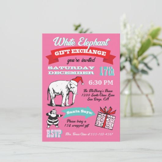Retro White Elephant-kerstfeestjes Kaart (Staand voorkant)