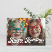 Retro White Script Happy Holidays One Photo Feestdagenkaart (Staand voorkant)