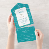 Retro White Snowflake Swirl op Blauwgroen huwelijk All In One Uitnodiging (Afscheurbaar)