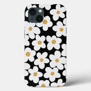 Retro White Yellow Big Daisy Flowers Black Design iPhone 13 Hoesje