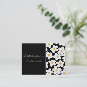 Retro White Yellow Big Daisy Flowers Black Design Visitekaartje