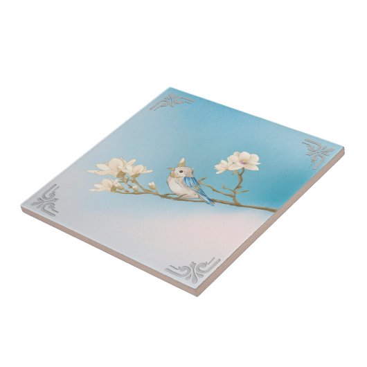 Retro WhiteBlue Bird en Bloom Art Tegeltje (Zijkant)