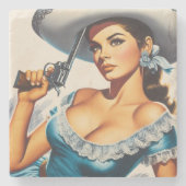 Retro Wild West Pin-up Stenen Onderzetter (Voorkant)