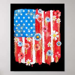 Retro Wilde Bloem Amerikaanse Vlag Vrouwen 4 juli Poster