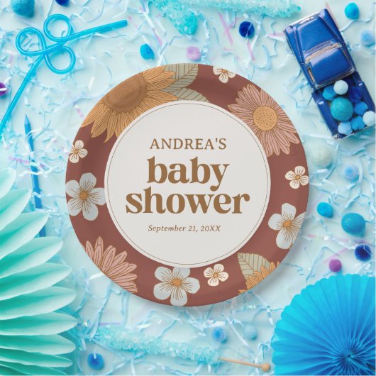 Retro Wildflower Meisje Baby shower Papieren Bordje (Feest)