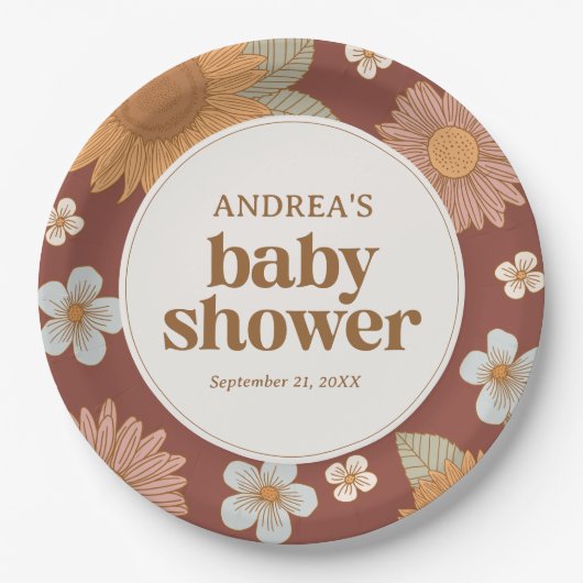 Retro Wildflower Meisje Baby shower Papieren Bordje (Voorkant)