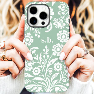 Retro Wildflower Mint Green Floral Monogram iPhone 16 Pro Max Hoesje