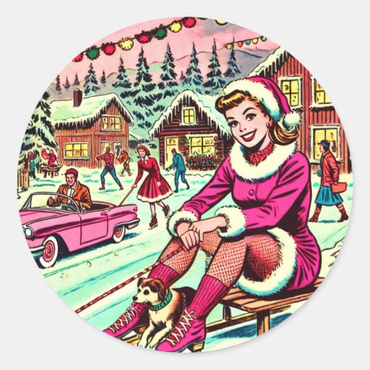 Retro Winter Christmas Comics Ronde Sticker (Voorkant)
