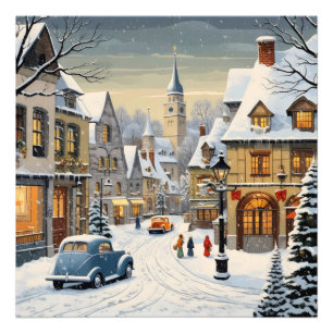 Retro Winter Cityscape Foto Afdruk