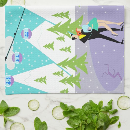 Retro Winter Ski Resort Kitchen Towel Theedoek (Gevouwen)