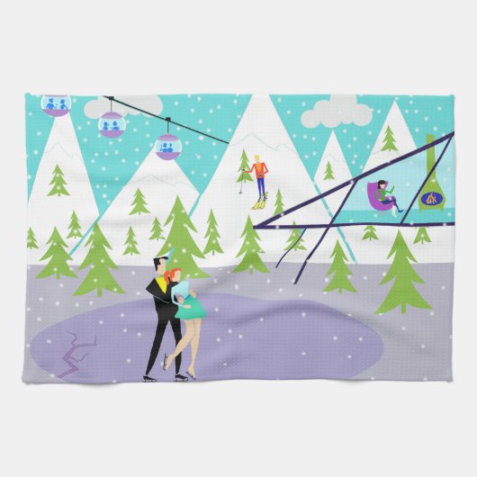Retro Winter Ski Resort Kitchen Towel Theedoek (Horizontaal)