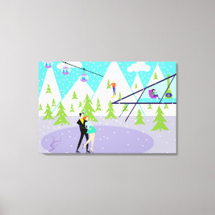 Retro Winter Ski Resort Stretched Canvas Afdrukken