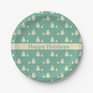 Retro Winter Trees op Turquoise met tekstband Papieren Bordje